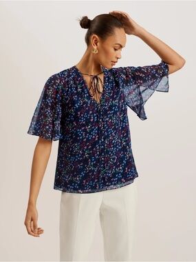 Ted Baker London Neliann Split Sleeve Top With Neck Tie Navy NWT